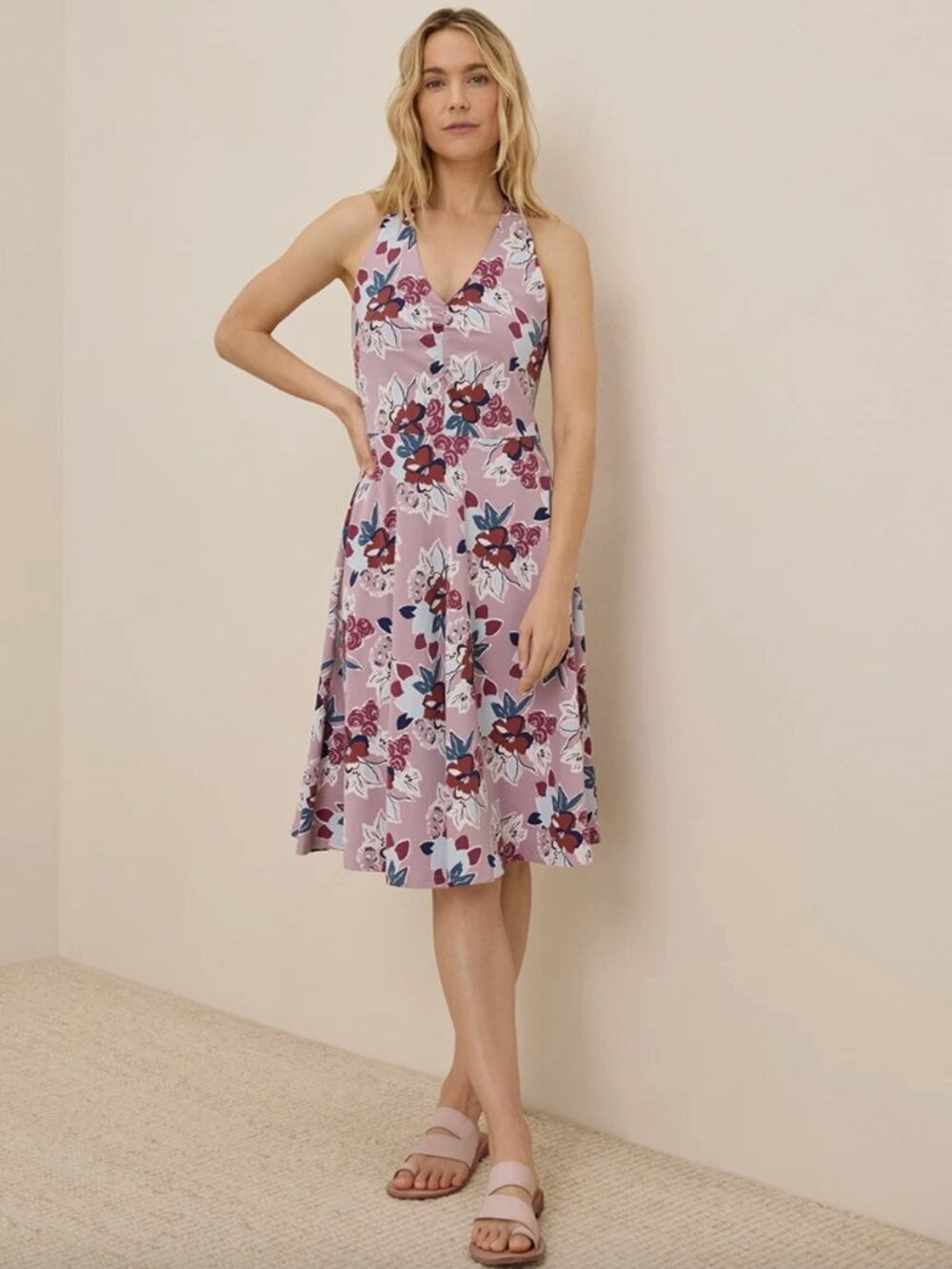 Pact Organic Fit & Flare Gathered Halter Dress Fresh Flora Lavender Haze